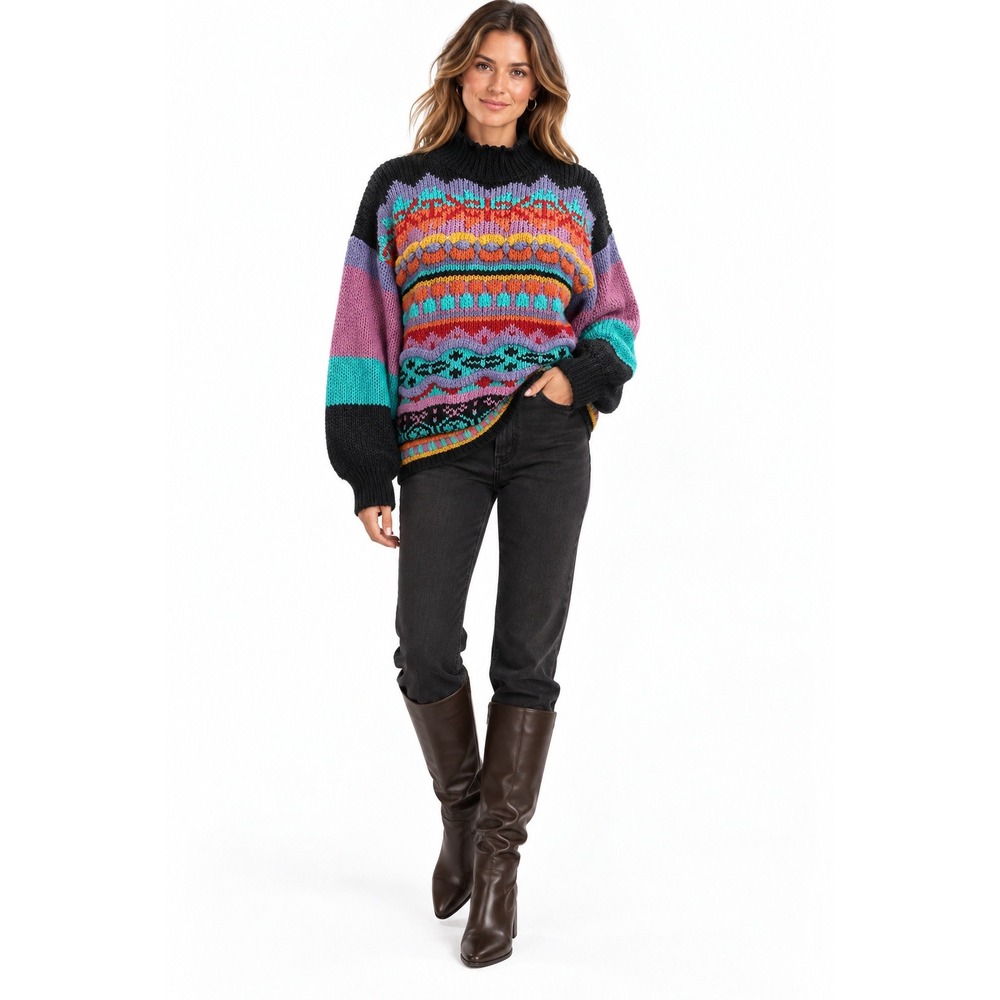 80's Ivy Wear Fair Isle Women's Mock Neck Knit Sweater Multi-Color Large